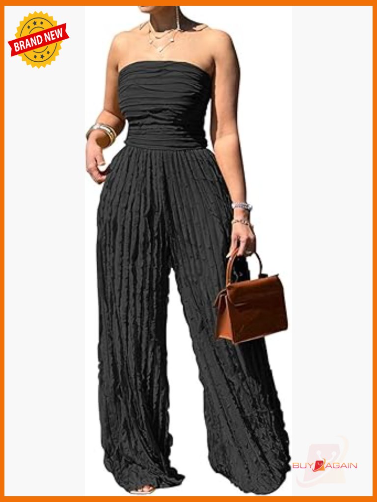 Strapless Tube Jumpsuit See Through V Neck Tie Pleated Wide Leg Long Pants